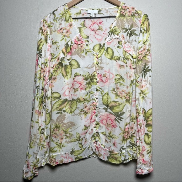 J. Jill Women‎ Top Medium White Floral Dainty Button Down Rayon V-Neck Feminine - Picture 1 of 9